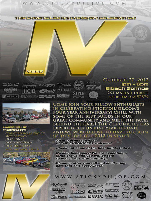 The Chronicles Anniversary Celebration IV Car Show at Eibach in Corona CA